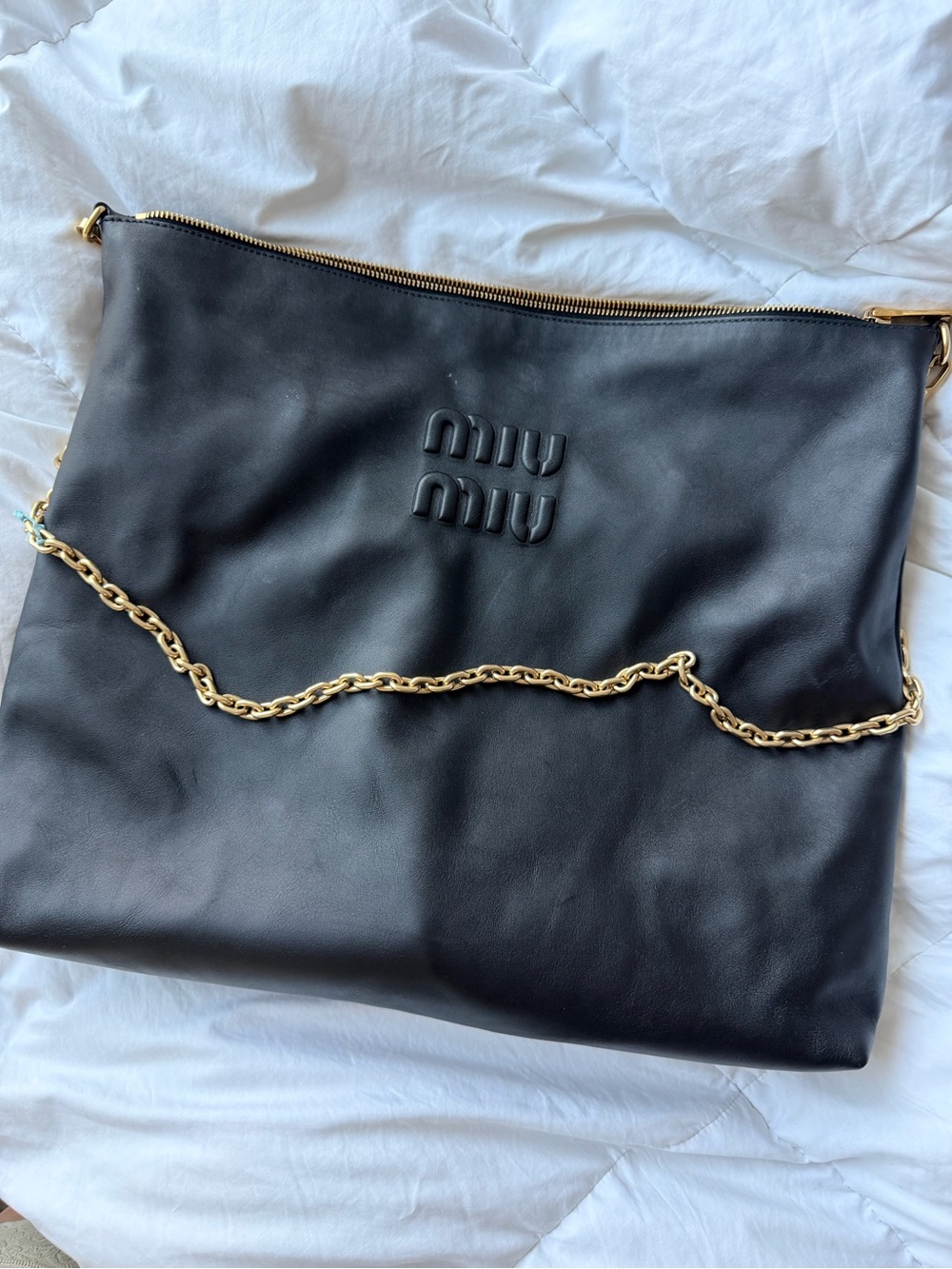 Miu Miu Black Leather Shoulder Bag with Gold Chain Trim